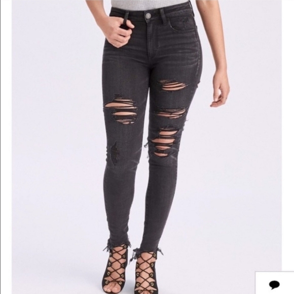 American Eagle Faded Black Distressed Ripped Hi Rise Skinny Jegging Jeans 4 Tall - Picture 1 of 9